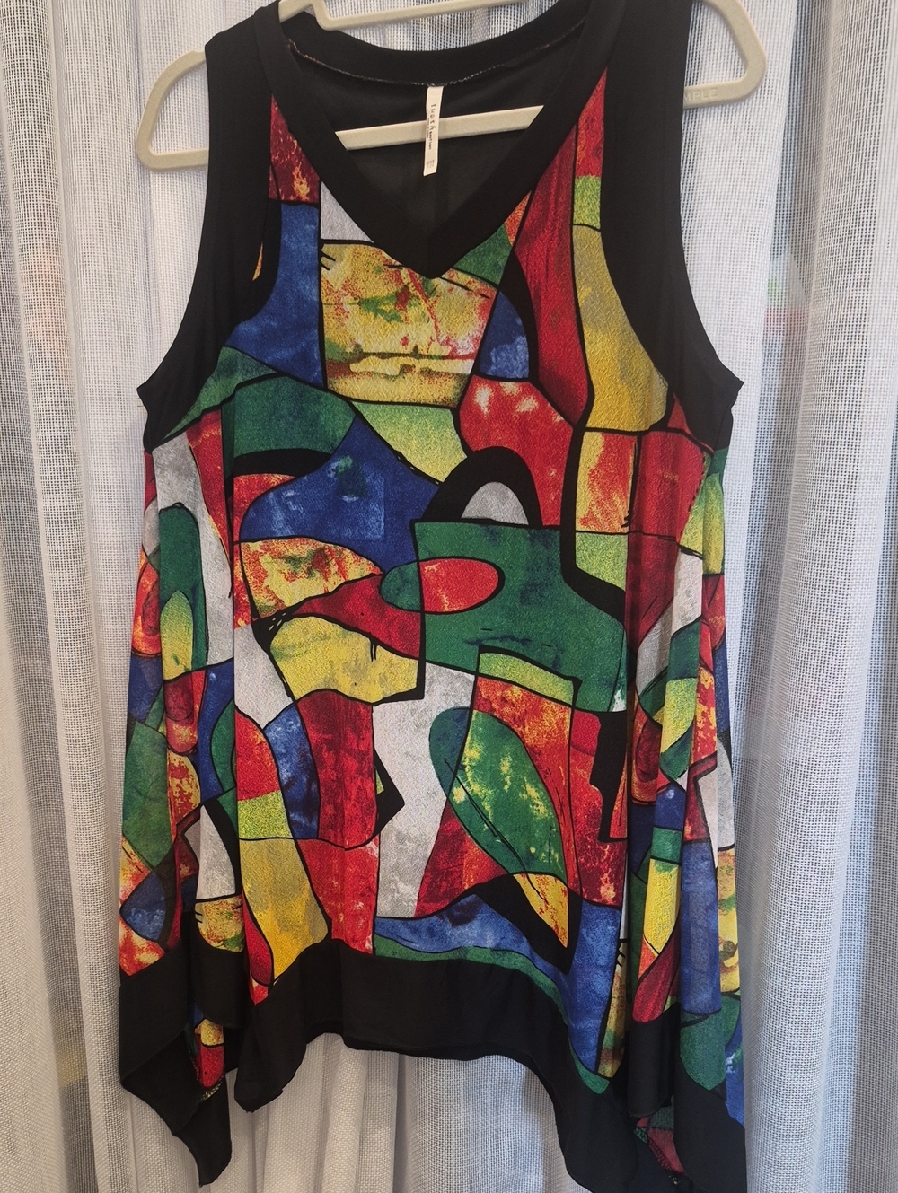 India Boutique Multicolor Abstract Print Handkerchief Hem Tank - Black Trim